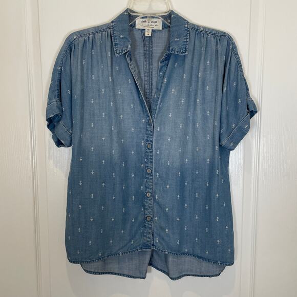 Anthropologie Cloth & Stone Chambray Button Down Shirt Blue Tencel Lace XS - Picture 2 of 5